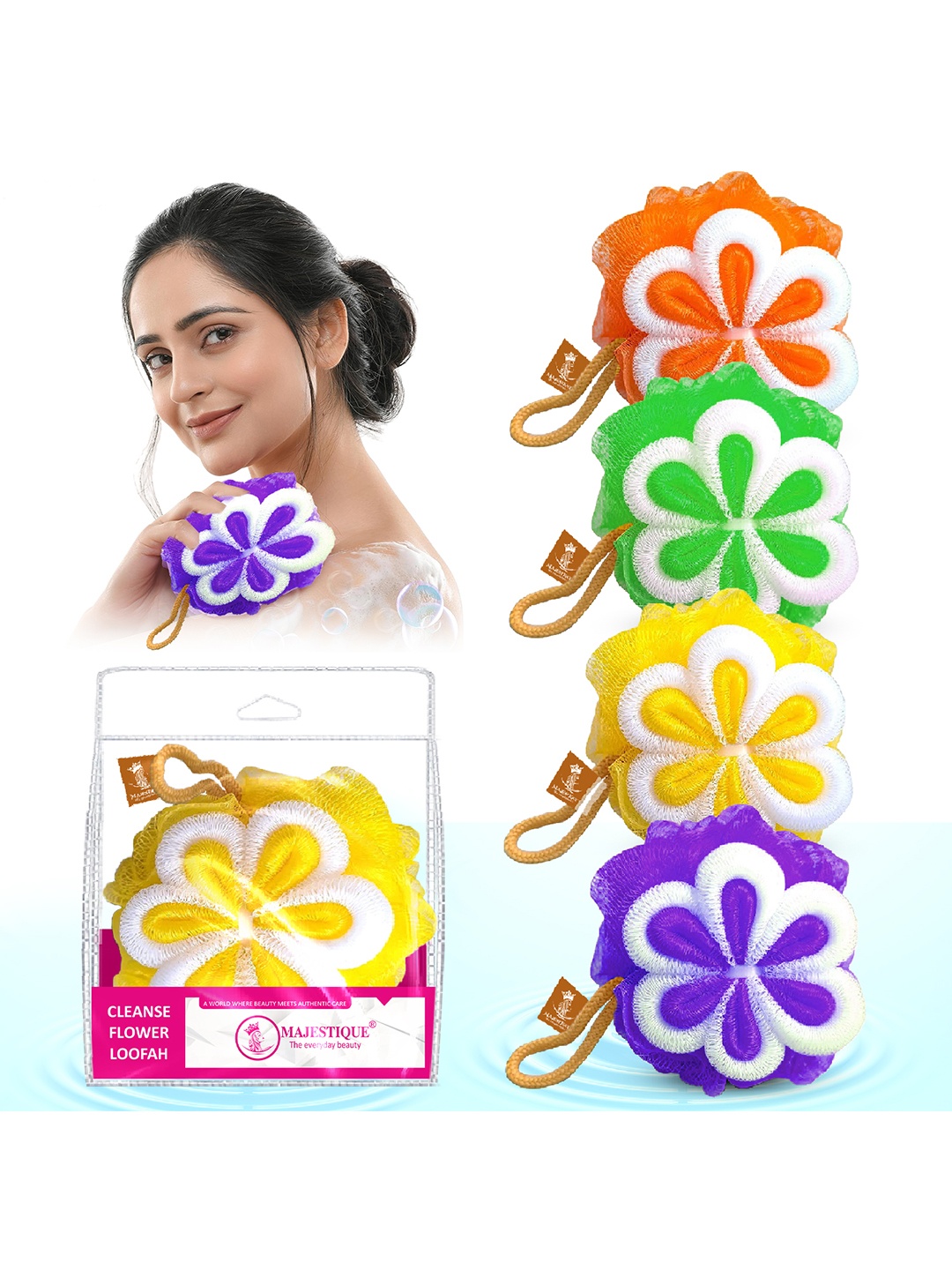 

MAJESTIQUE Set Of 4 Flower Bath Loofah Shower Puff Sponge Shower Loofahs Pouf Ball Body Scrubber, Yellow