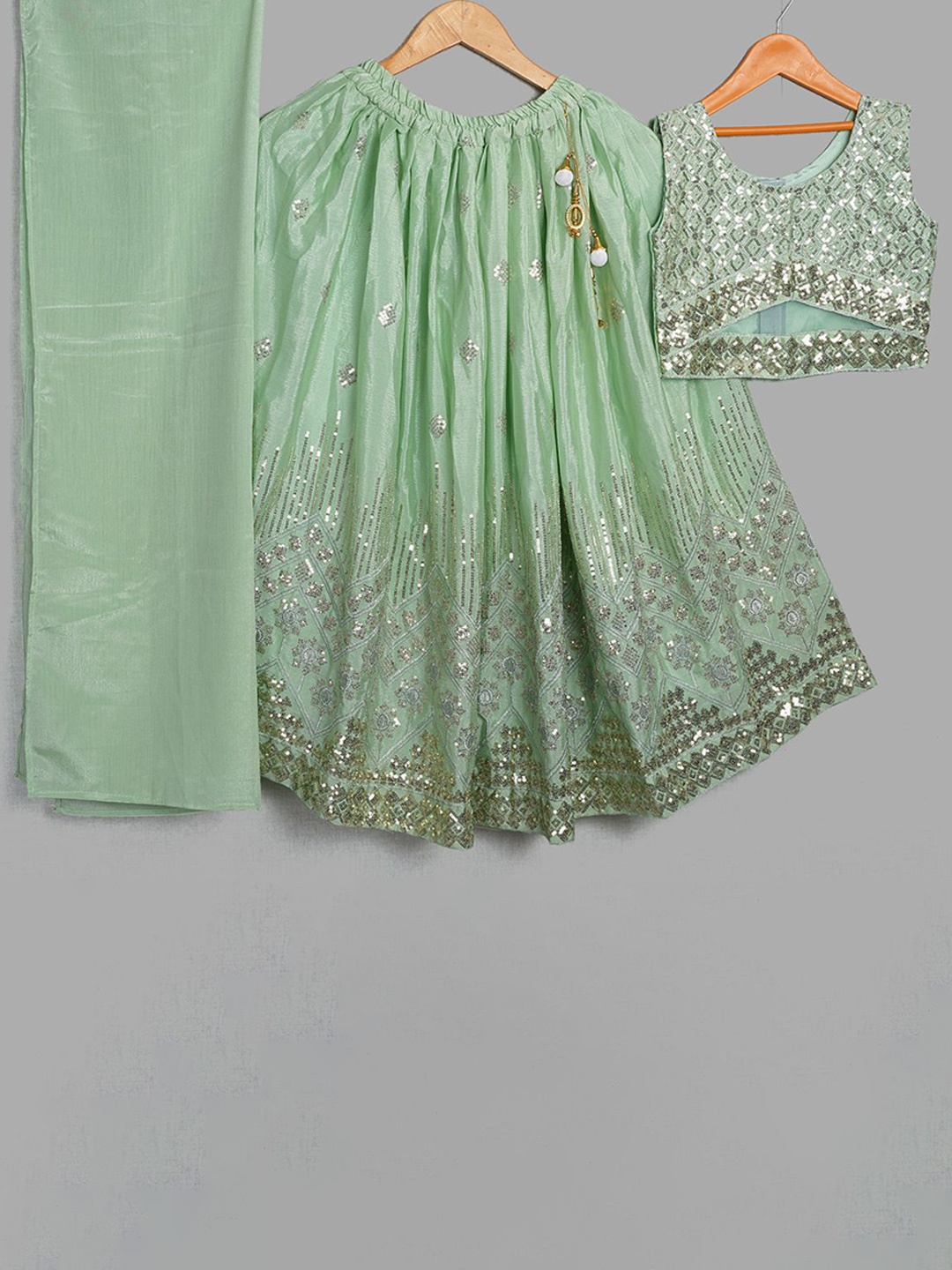 

Jogmaya Fashion Girls Embellished Sequinned Ready to Wear Lehenga & Blouse With Dupatta, Sea green