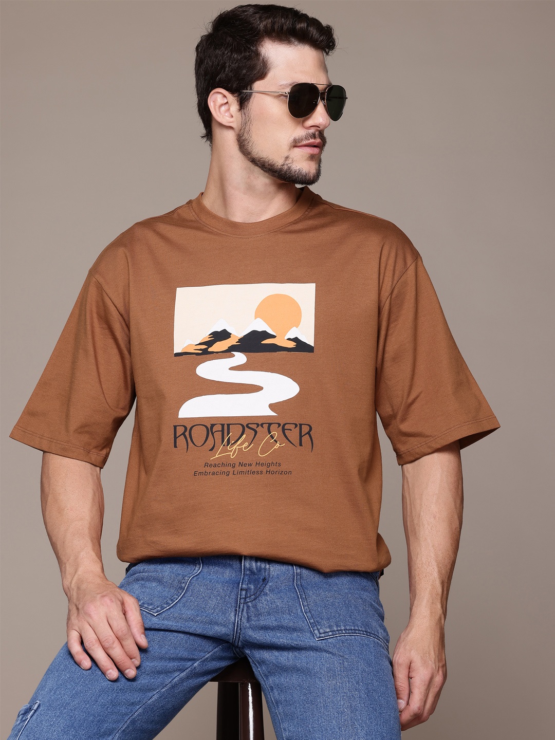 

The Roadster Lifestyle Co. Men Printed Relaxed Fit Pure Cotton T-shirt, Brown