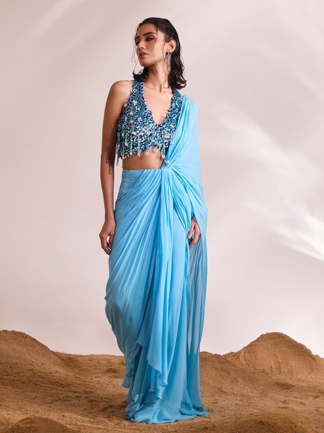 

DIVYA AGGARWAL Draped Fushion Saree with Embellished Blouse, Blue