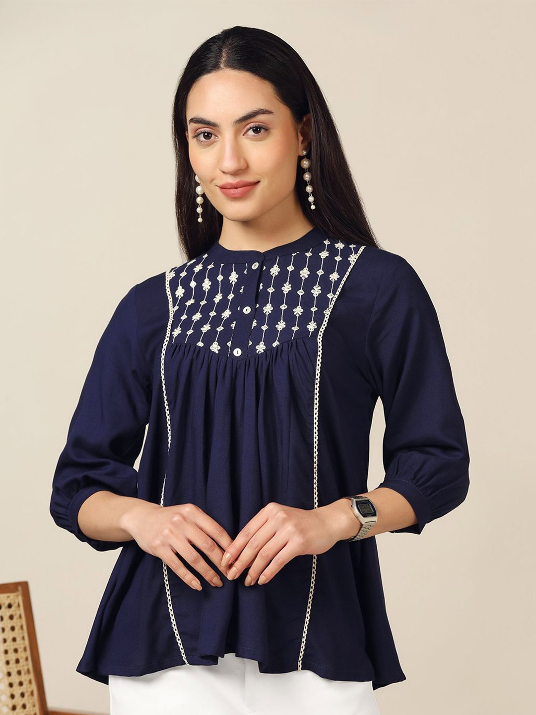 

BAESD Embroidered Mandarin Collar Top, Navy blue