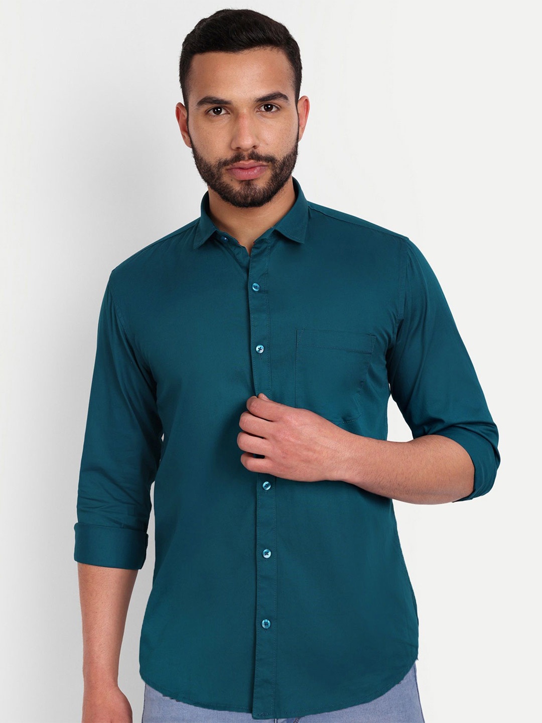 

MEGHZ Men Slim Fit Opaque Casual Shirt, Turquoise blue