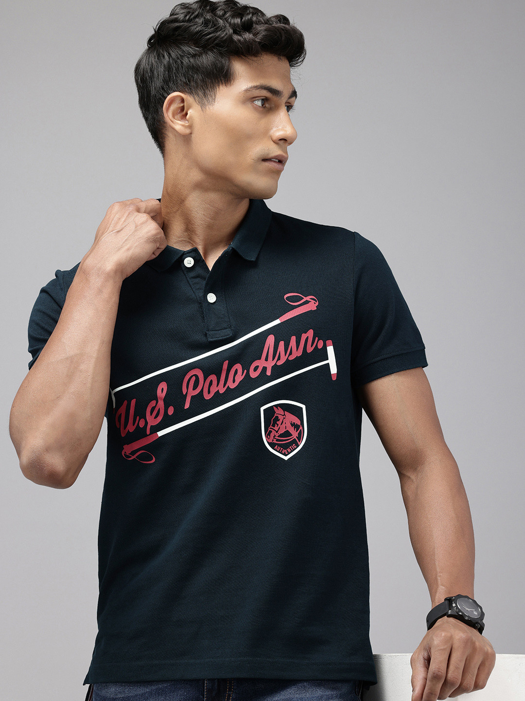 

U.S. Polo Assn. Denim Co. Brand Logo Printed Polo Collar Pure Cotton Slim Fit T-shirt, Navy blue