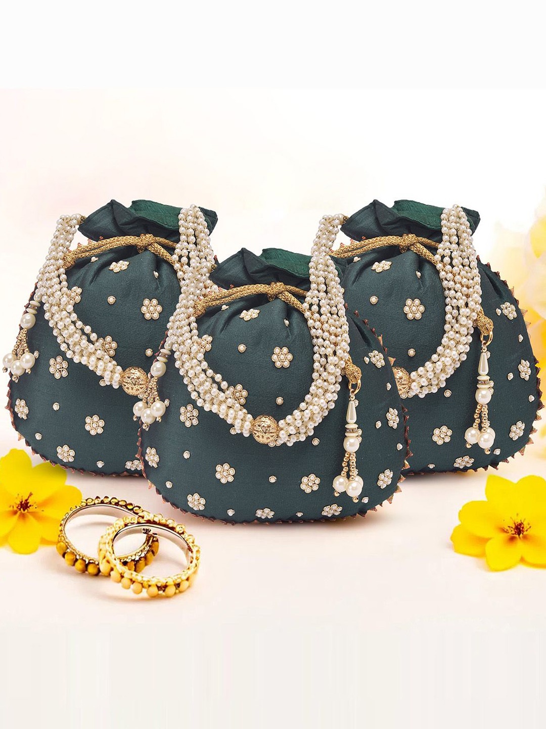 

Kuber Industries Set Of 3 Embroidered Potli Clutches, Green