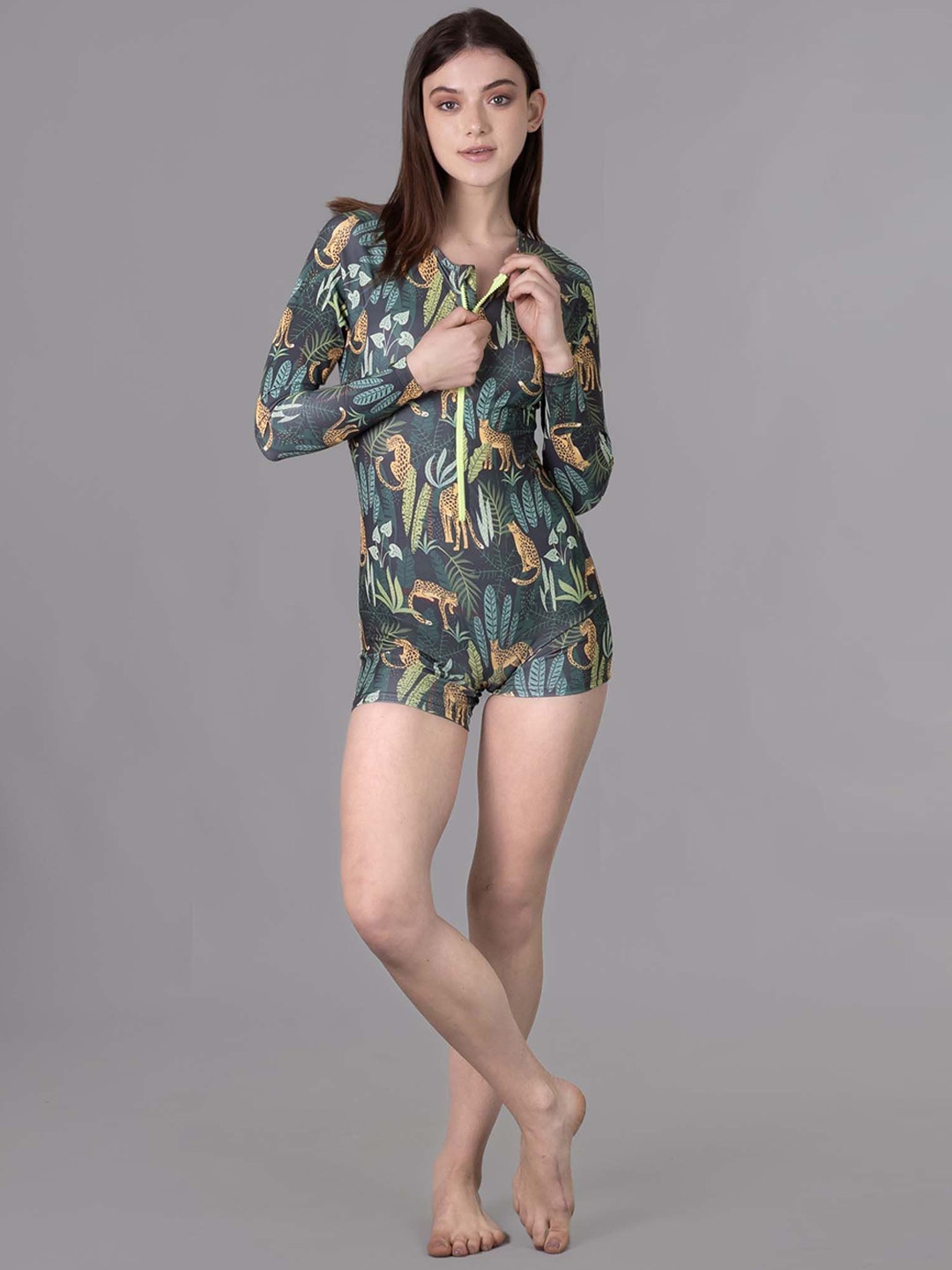 

Keepfit Animal Printed Long Sleeve Padded Legsuit with Zipper for Women, Green