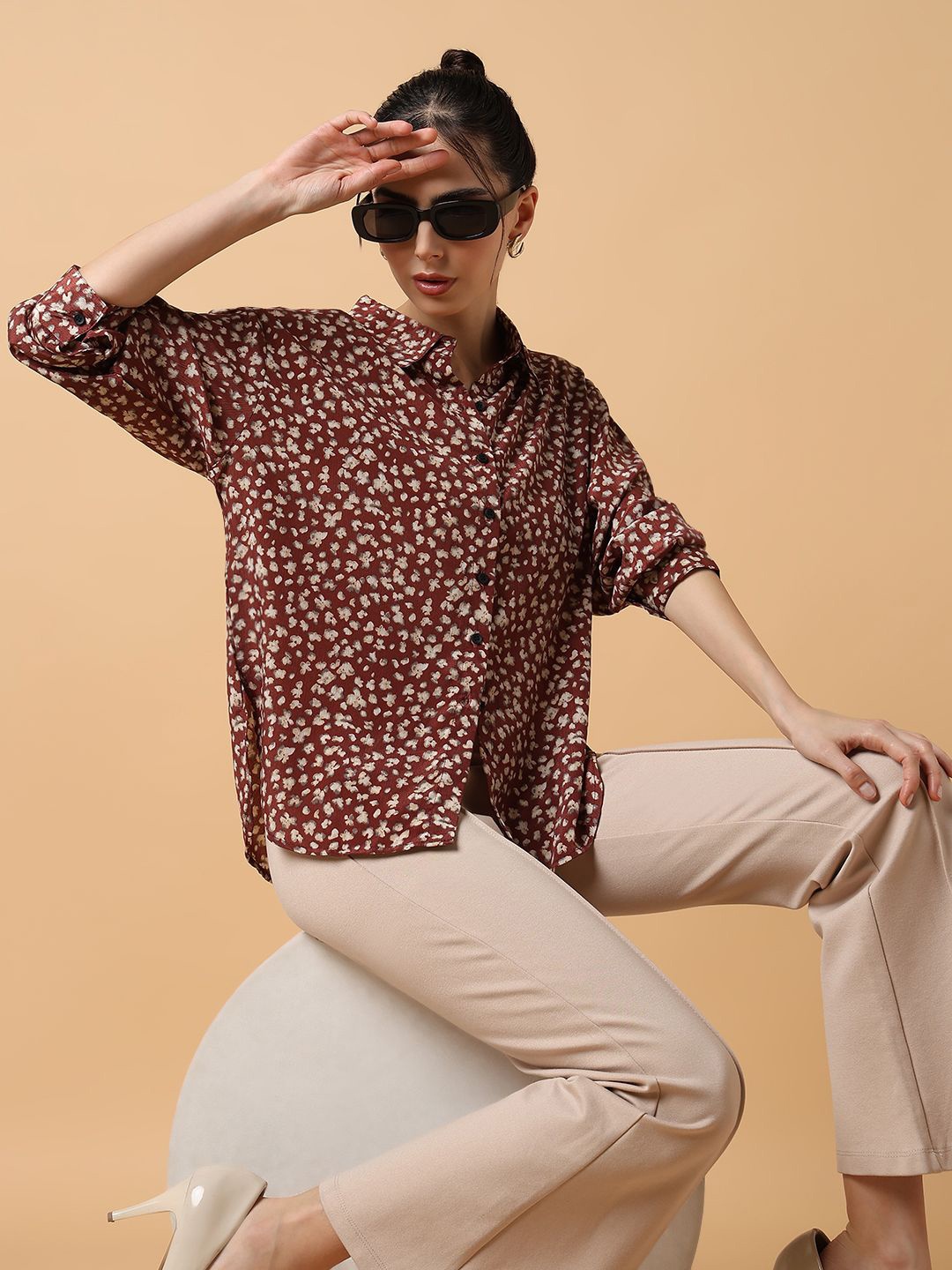 

SHOWOFF Women Comfort Slim Fit Floral Opaque Printed Casual Shirt, Brown