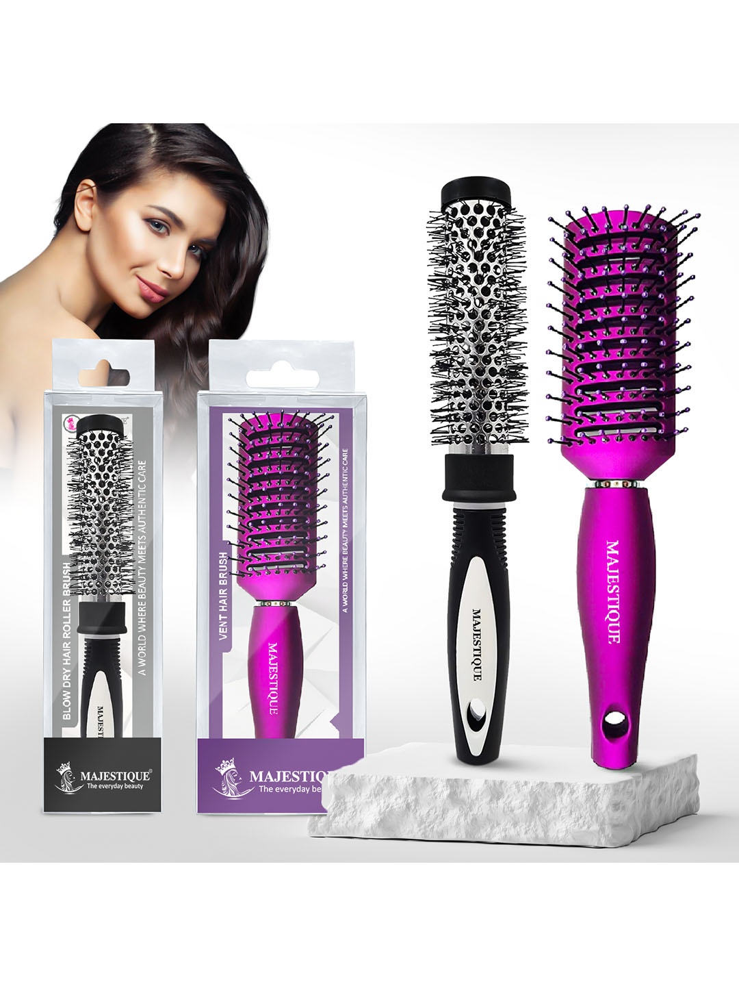 

MAJESTIQUE Set Of 2 Round Brush For Blow Drying & Vent Blow Brush For Hair Heat Styling, Purple