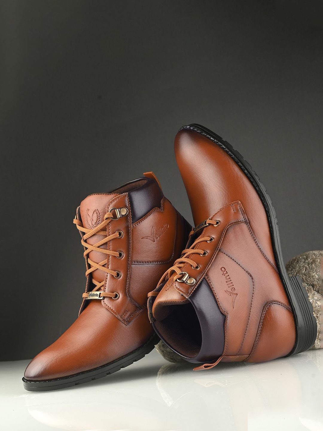 

Vellinto HAVANA Men Block Heeled Mid Ankle Regular Boots, Tan