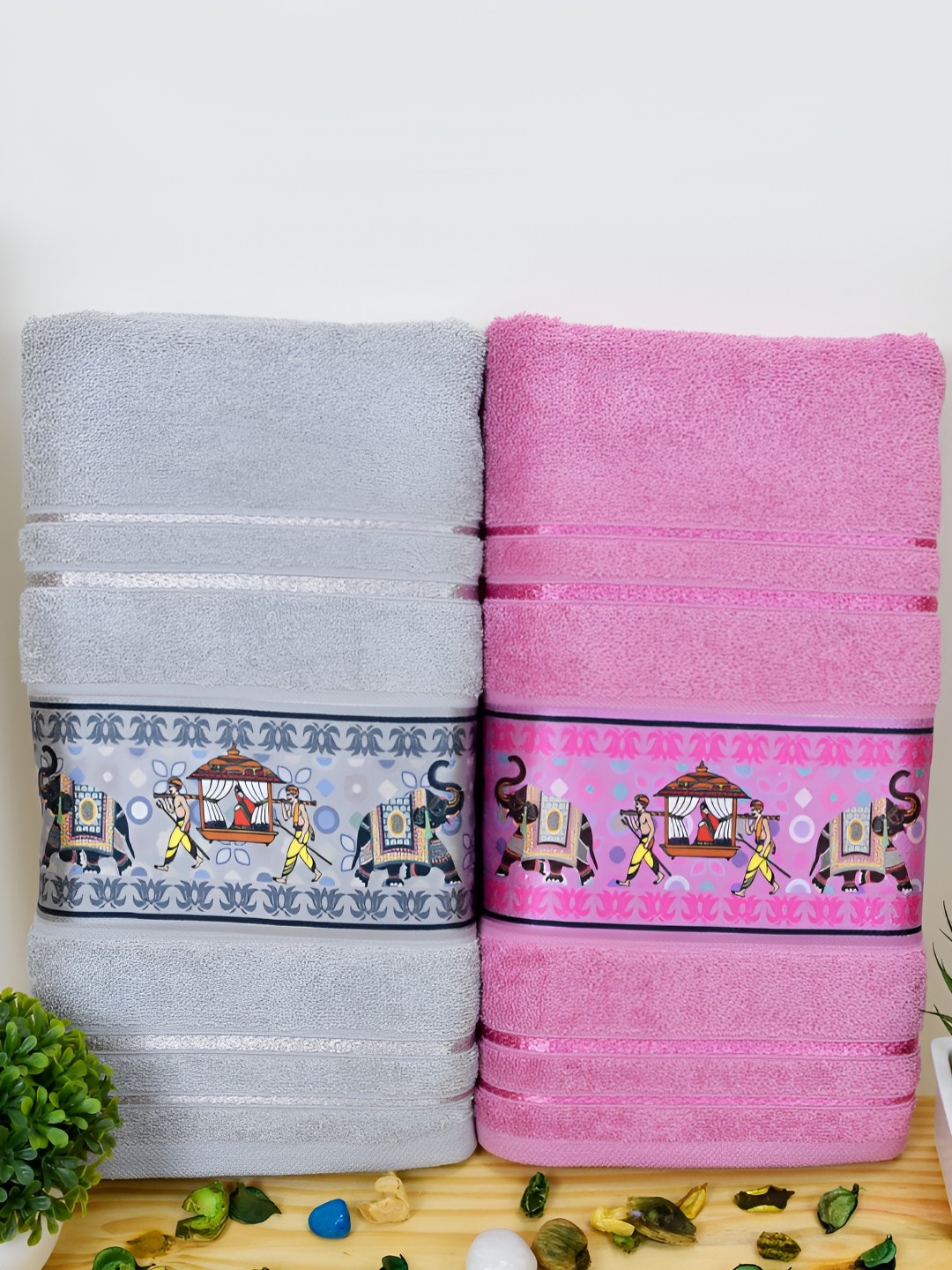 

RANGOLI Grey & Purple 2 Pieces Ethnic Motifs Cotton 450 GSM Bath Towels