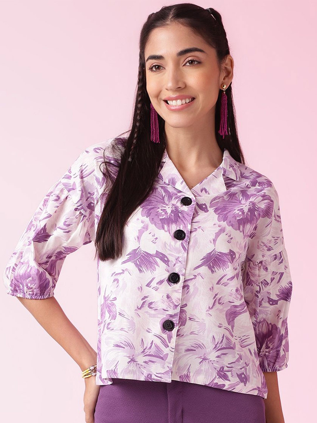 

FashionsEye Print Bishop Sleeves Boxy Crop Top, Purple