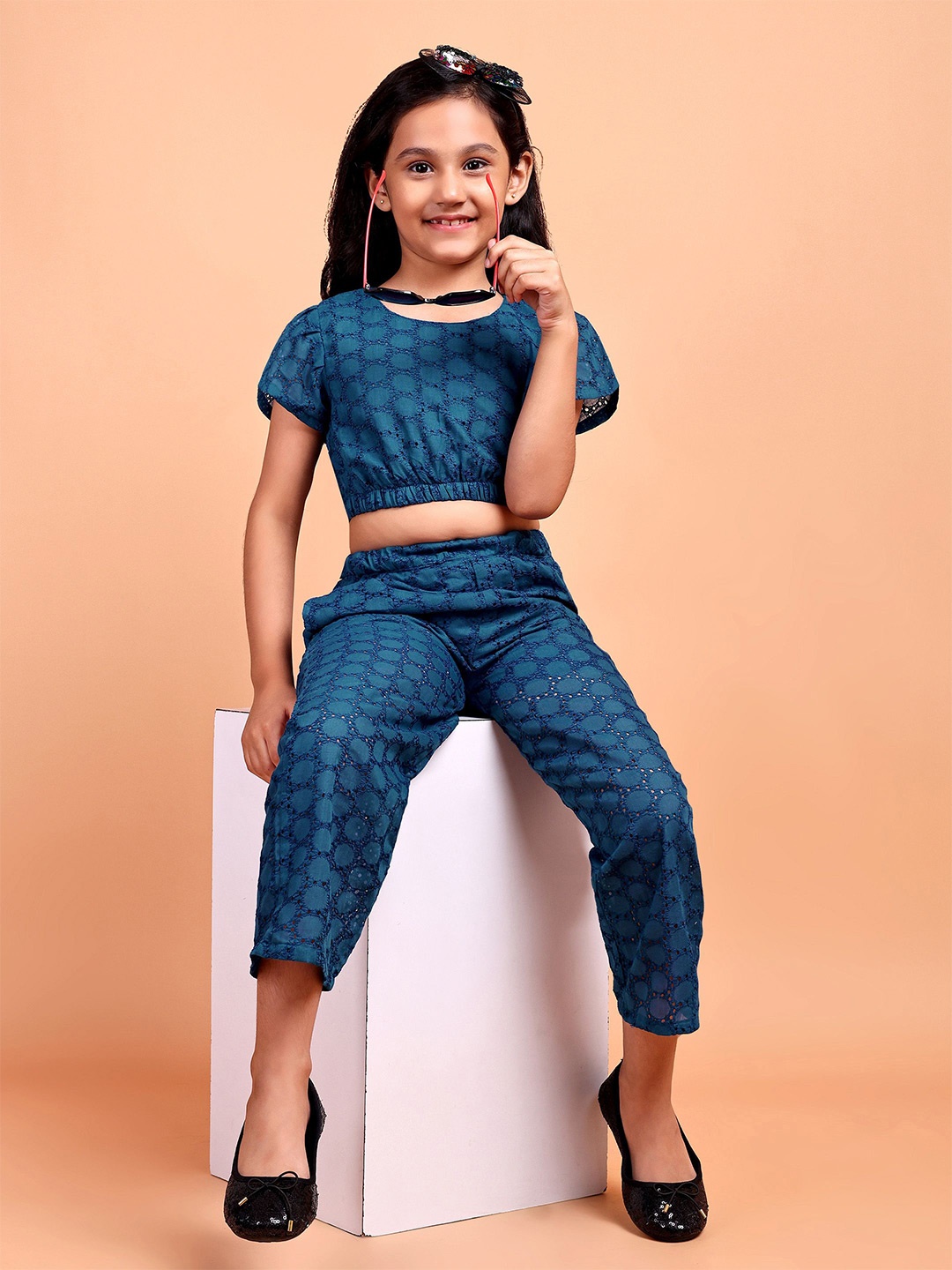 

YK Girls Printed Pure Cotton Crop Top With Trousers, Teal