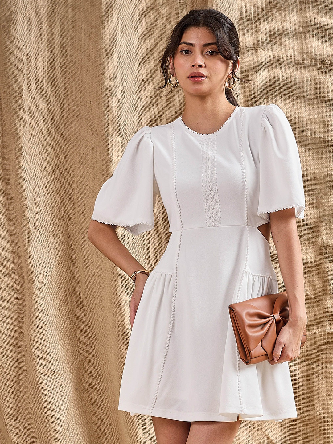 

SASSAFRAS Flared Sleeve Fit & Flare Dress, White
