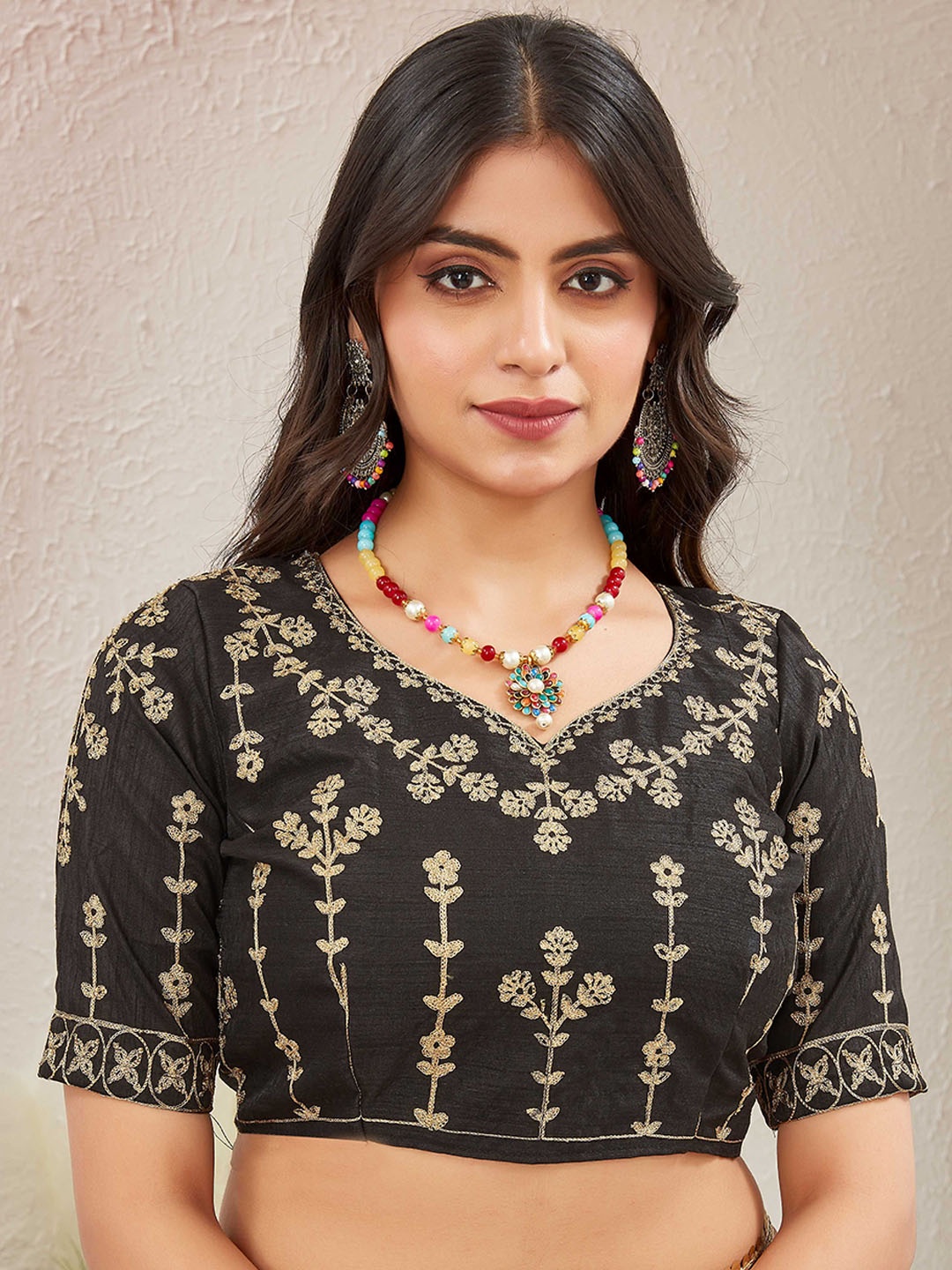 

Globon Impex Embroidered Silk Saree Blouse, Black