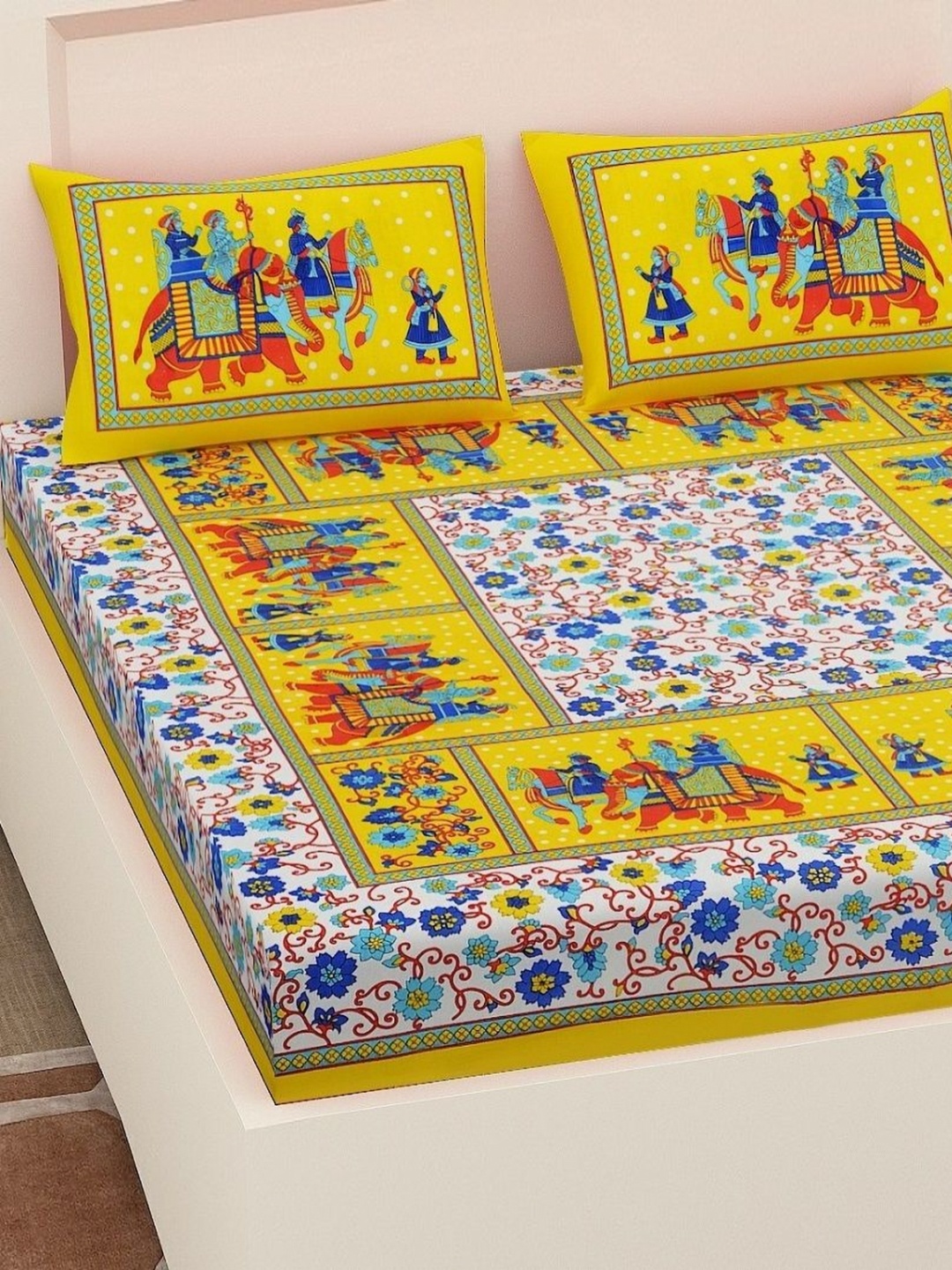 

AYAT COLLECTION Yellow & Blue Floral 144 TC Pure Cotton Queen Bedsheet & 2 Pillow Covers