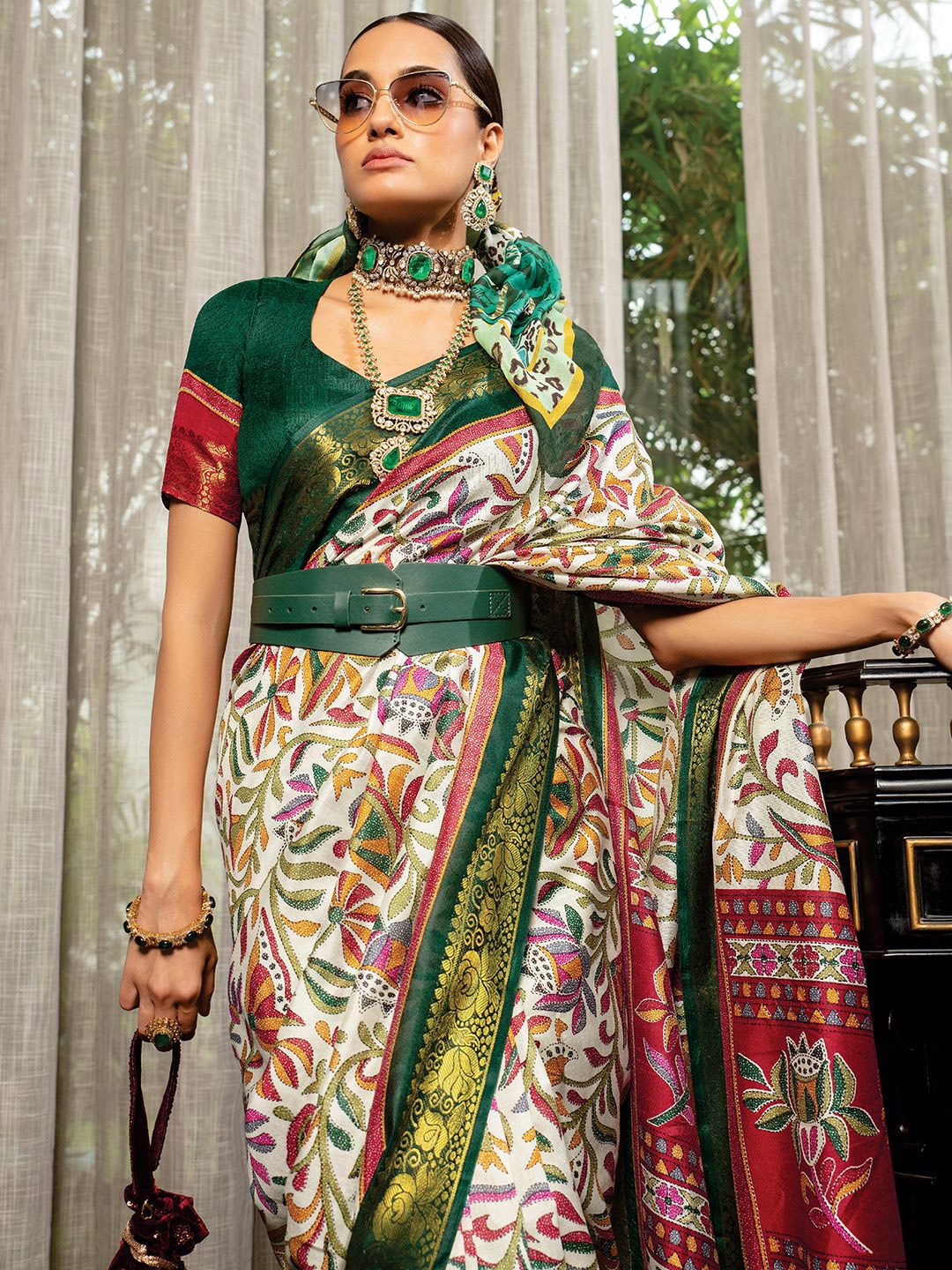 

Satrani Ethnic Motifs Zari Silk Cotton Banarasi Saree, Green