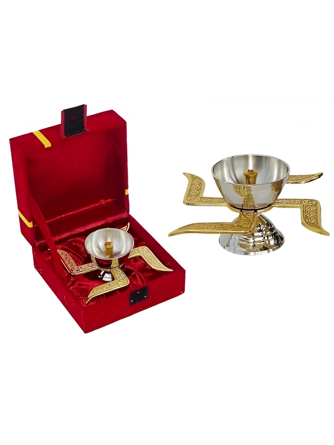 

e kysa Gold-Toned & Silver-Coloured Textured Traditional Brass Swastik Diya