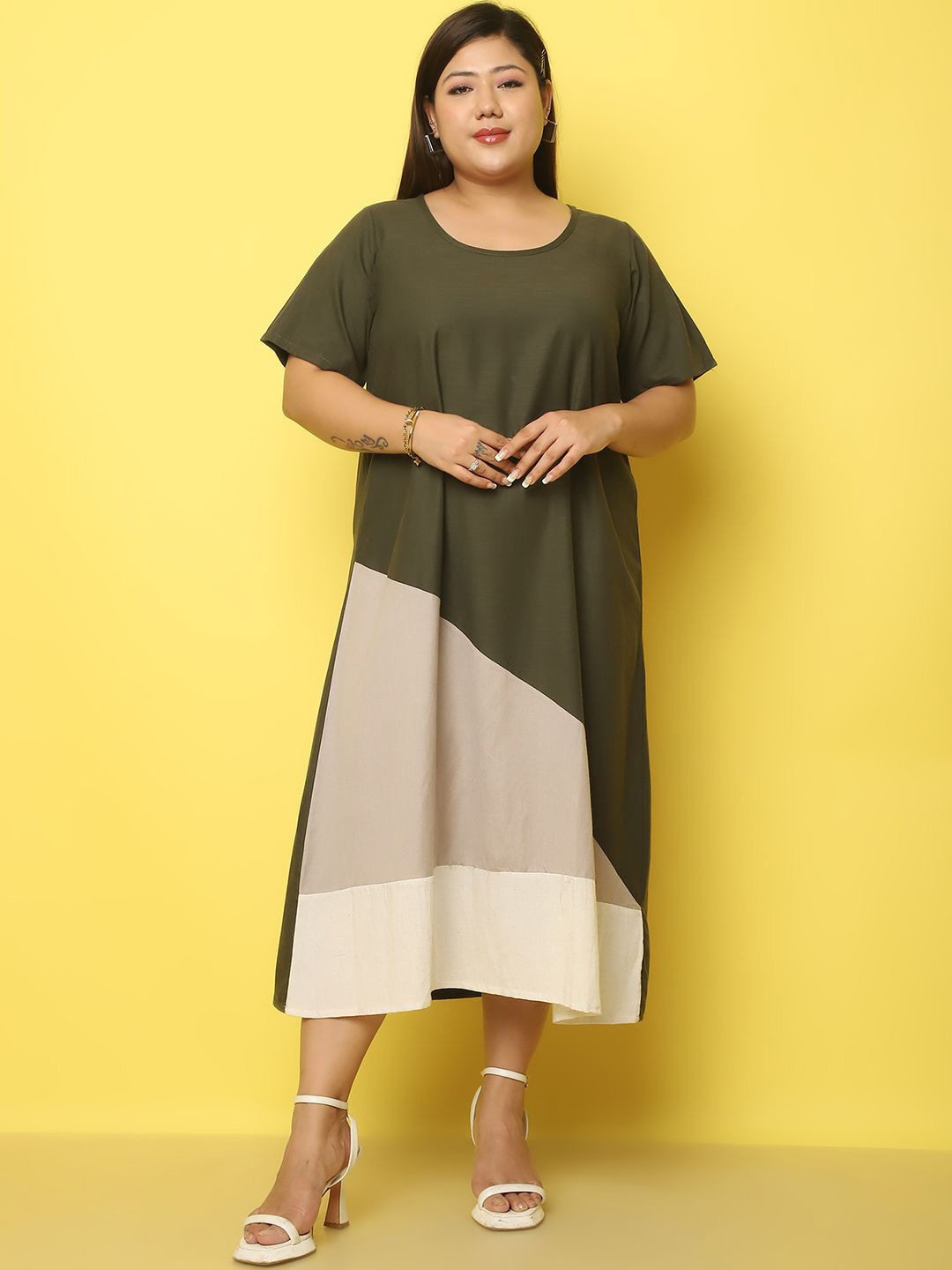 

theRebelinme Colourblocked Linen A-Line Midi Dress, Olive