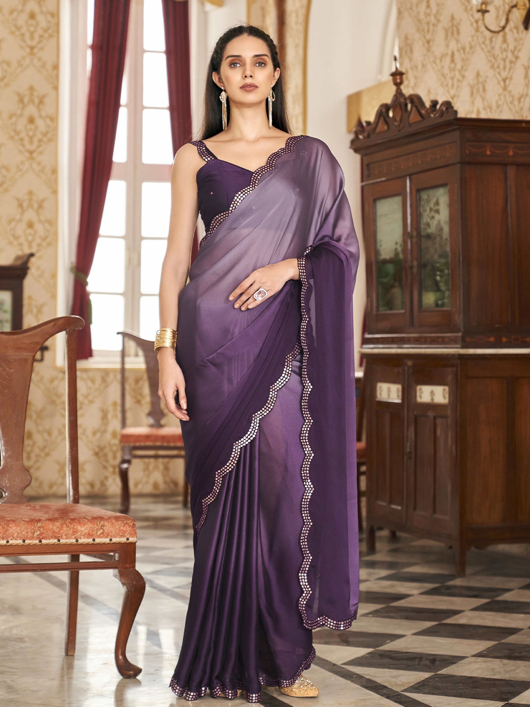 

Tikhi Imli Ombre satin saree with scalloped gota pattiborder Mirror Work Saree, Violet