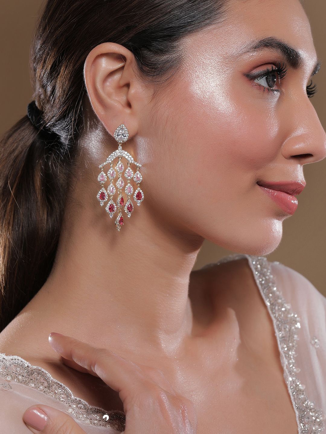 

Rubans 24K Gold Plated Ruby Light Pink & Dark Pink AD CZ Studded Chandelier Earring