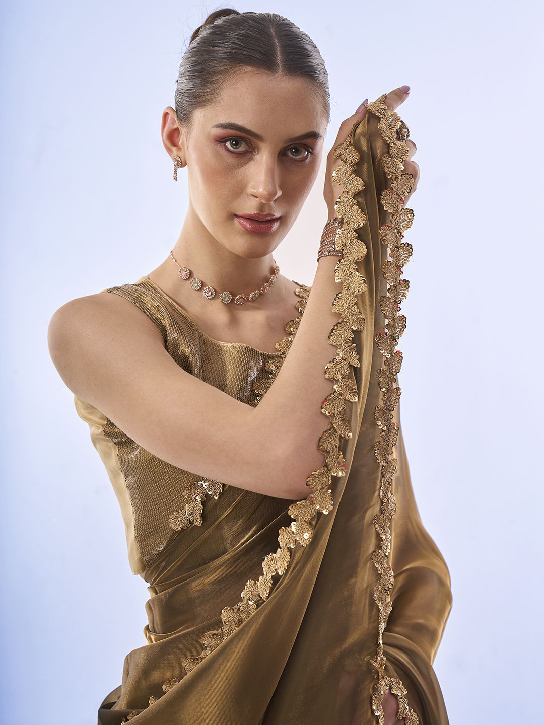 

Mitera Sequinned Organza Ready to Wear Saree, Metallic
