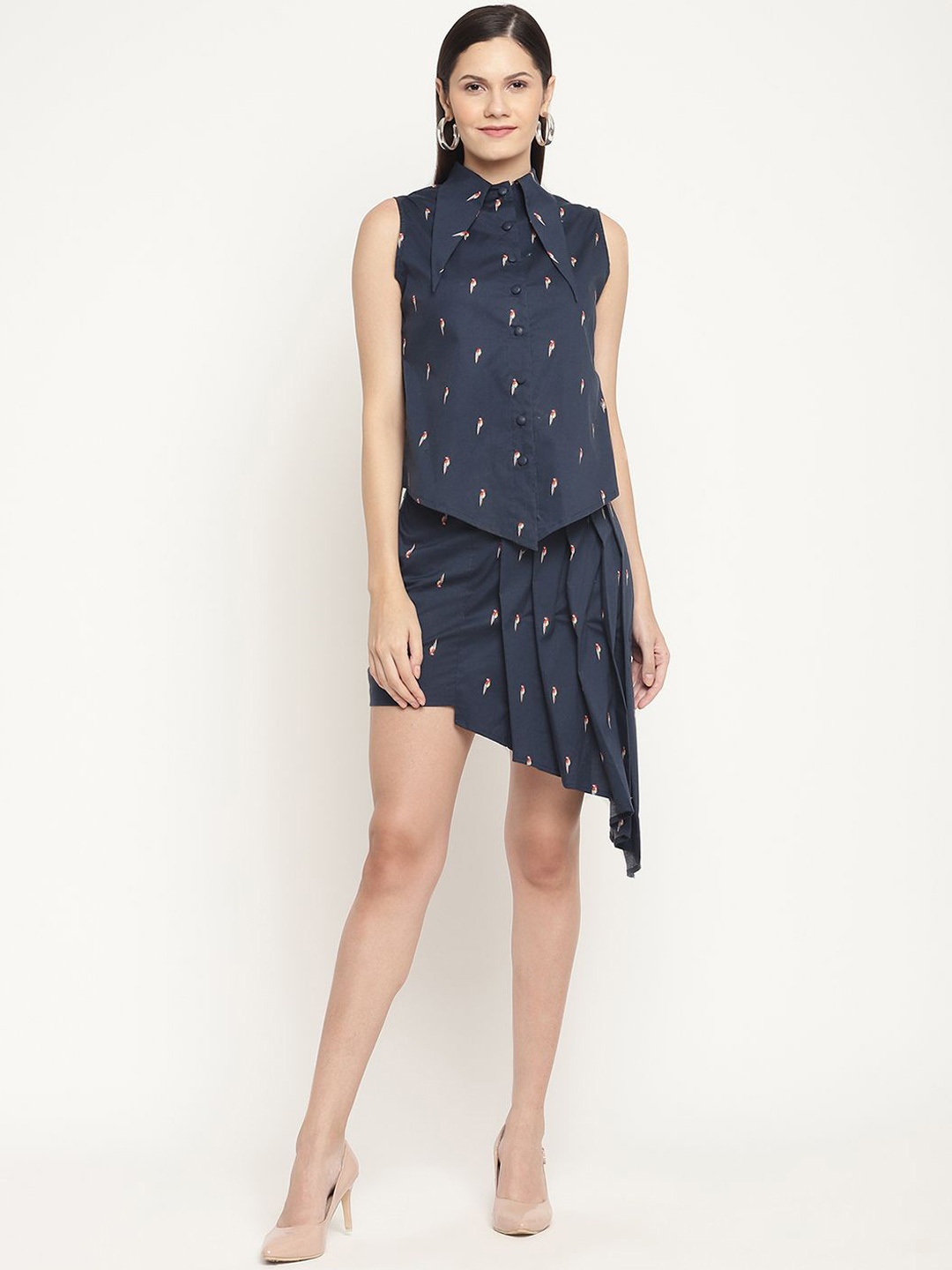

VIRAGO Printed Pure Cotton High Low Shirt & Asymmetric Skirt, Navy blue