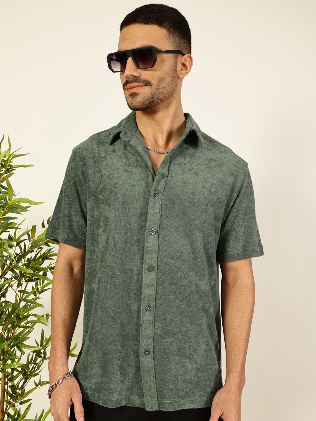 

Thomas Scott Men Relaxed Fit Terry Towel Casual Knit Shirt, Green