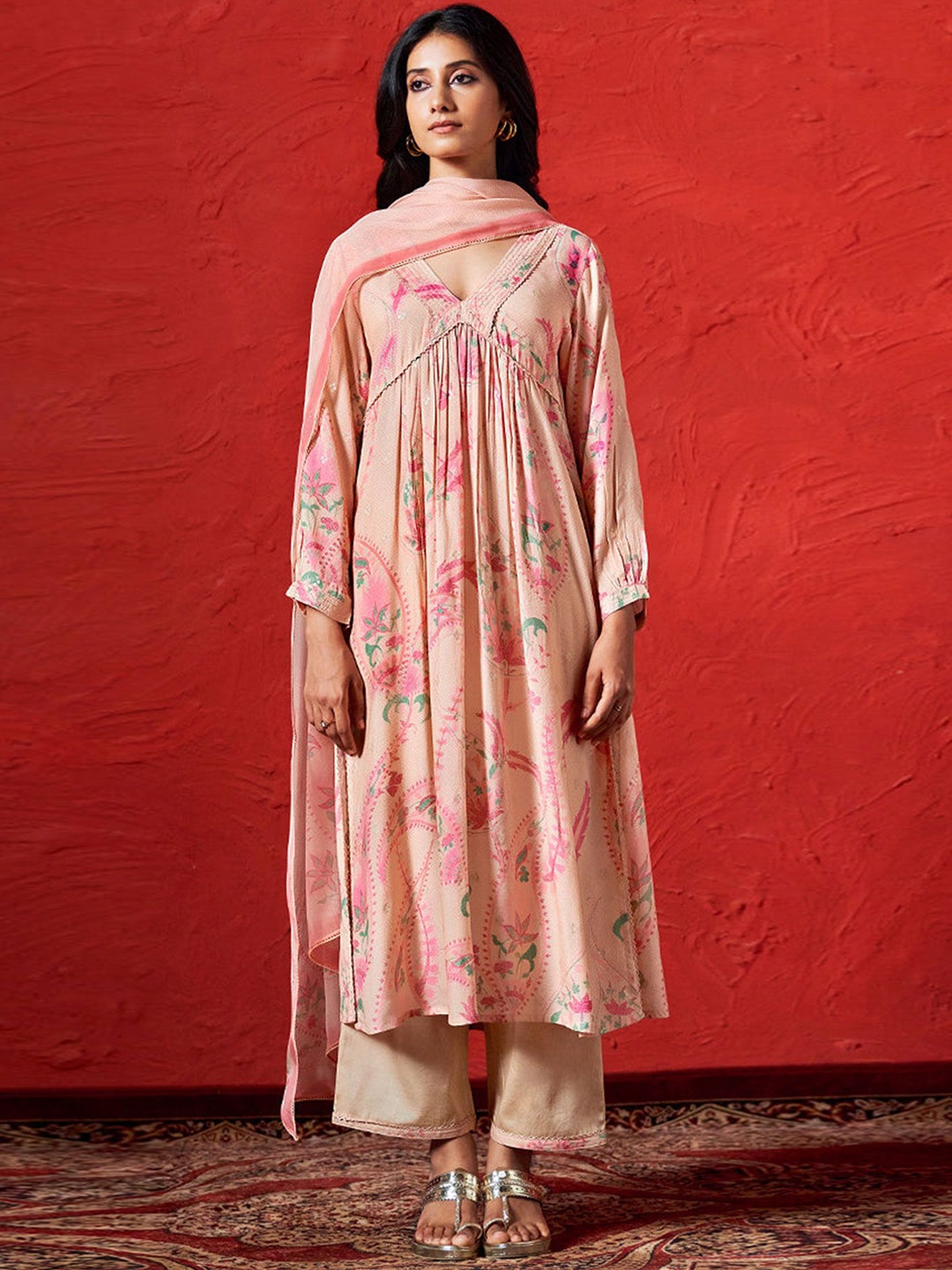

Ganga Women Paisley Printed Empire Kurta with Palazzos & With Dupatta, Pink