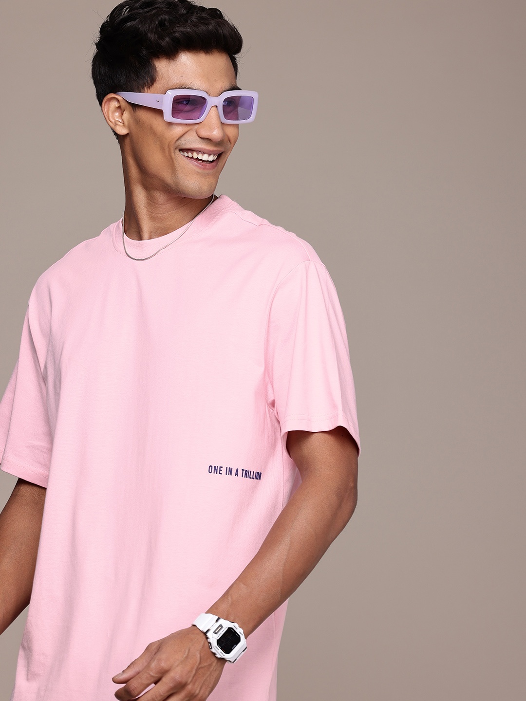 

WROGN Pure Cotton Typography Printed Drop-Shoulder Sleeves Oversized T-shirt, Pink