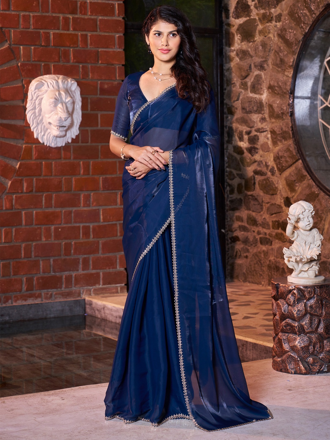 

Saree mall Embellished Beads and Stones Satin Saree, Navy blue