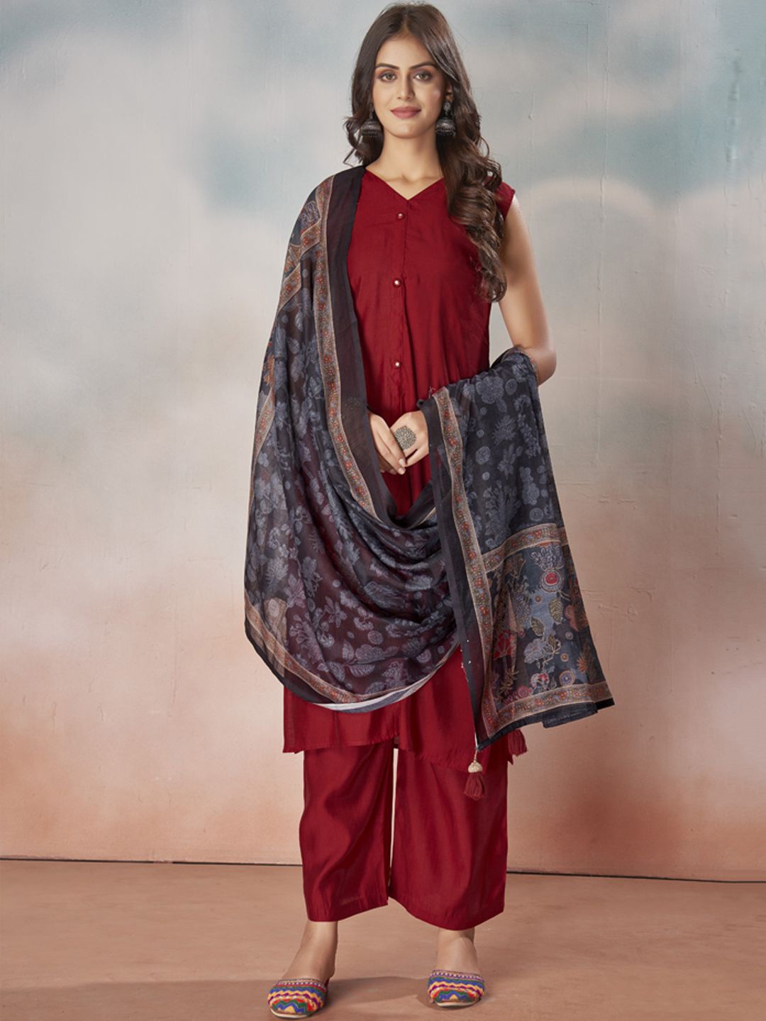 

STYLE SAMSARA Straight Kurta with Palazzos & With Dupatta, Maroon