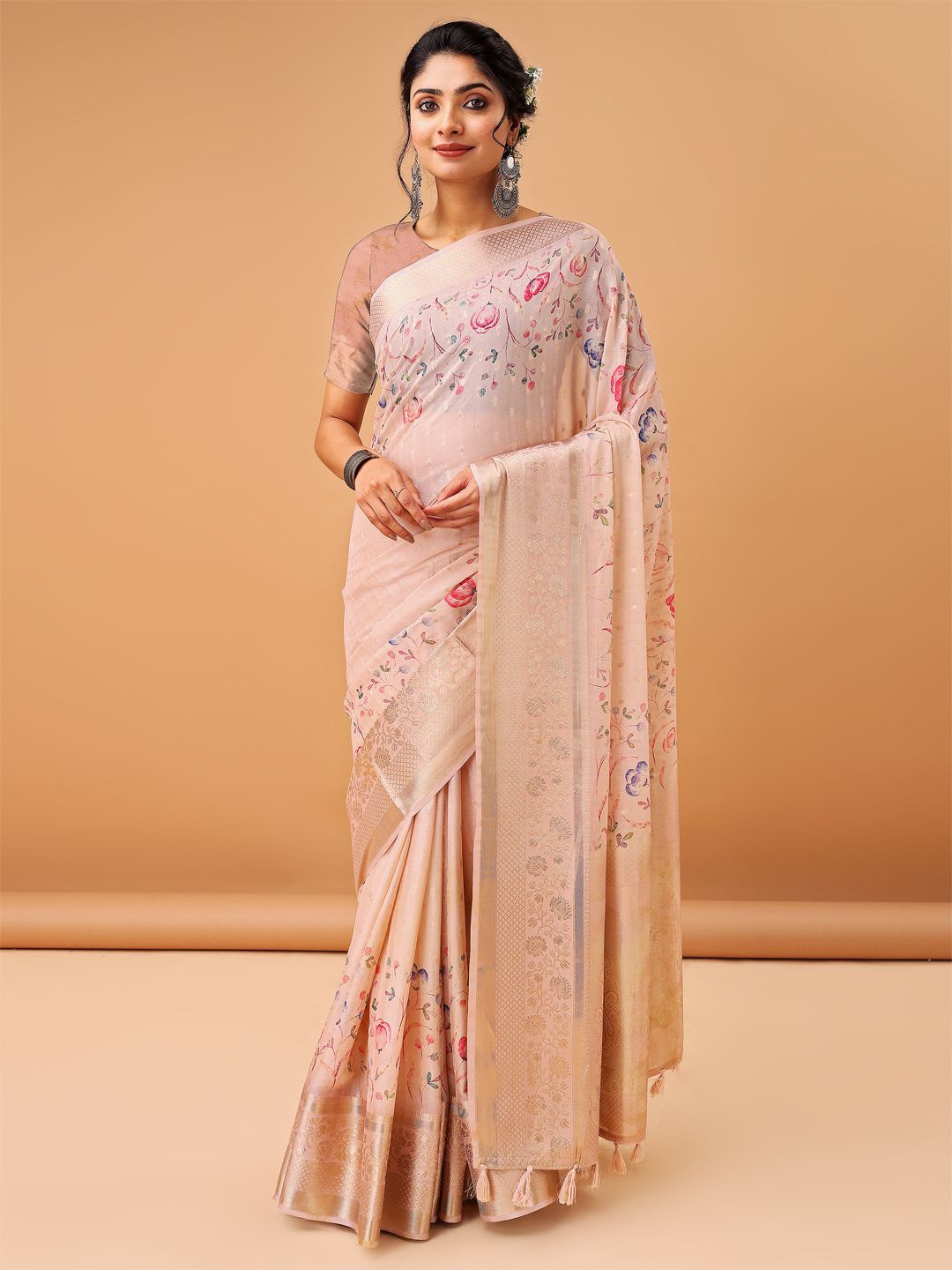 

ETHNIC TODAY Floral Printed Zari Saree, Pink