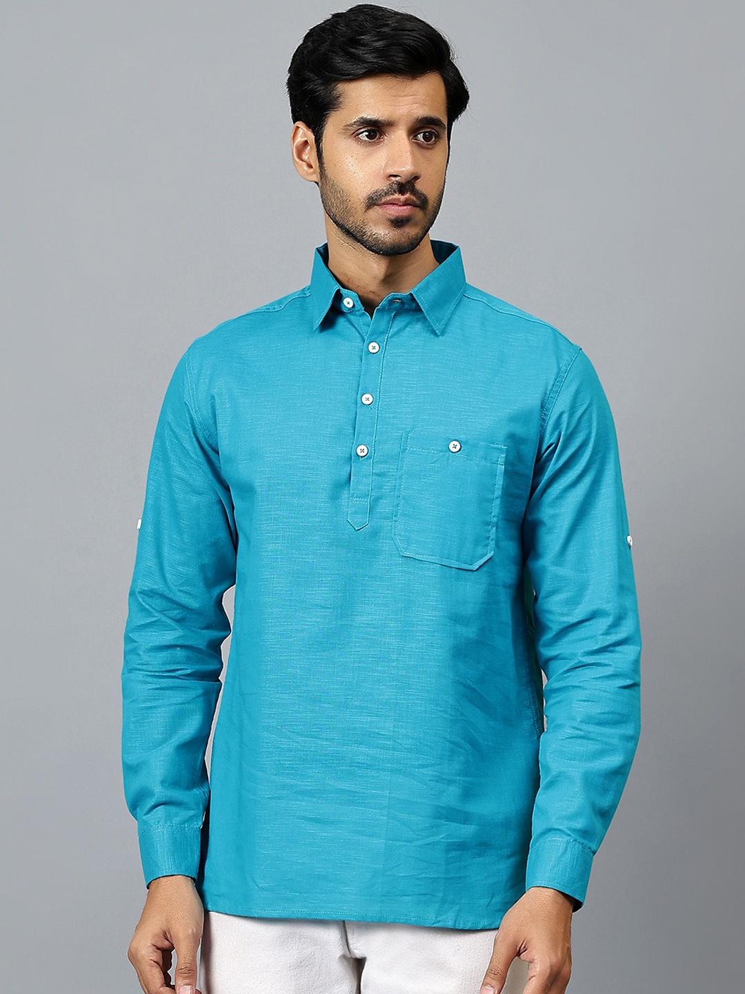 

Yugnik Shirt Collar Roll Up Sleeves Cotton Straight Short Kurta, Turquoise blue