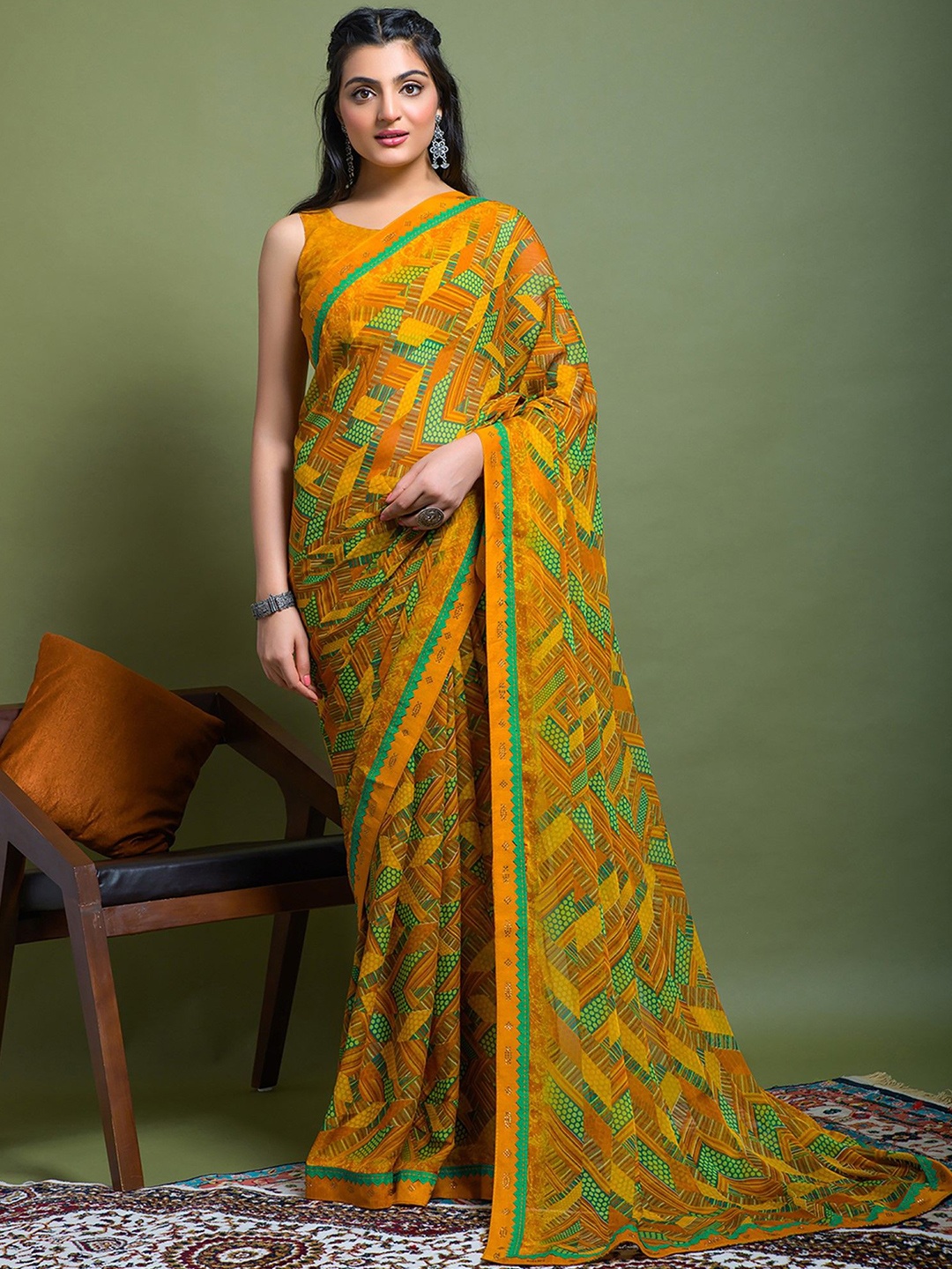 

Panzora Beads and Stones Printed Poly Chiffon Saree, Mustard