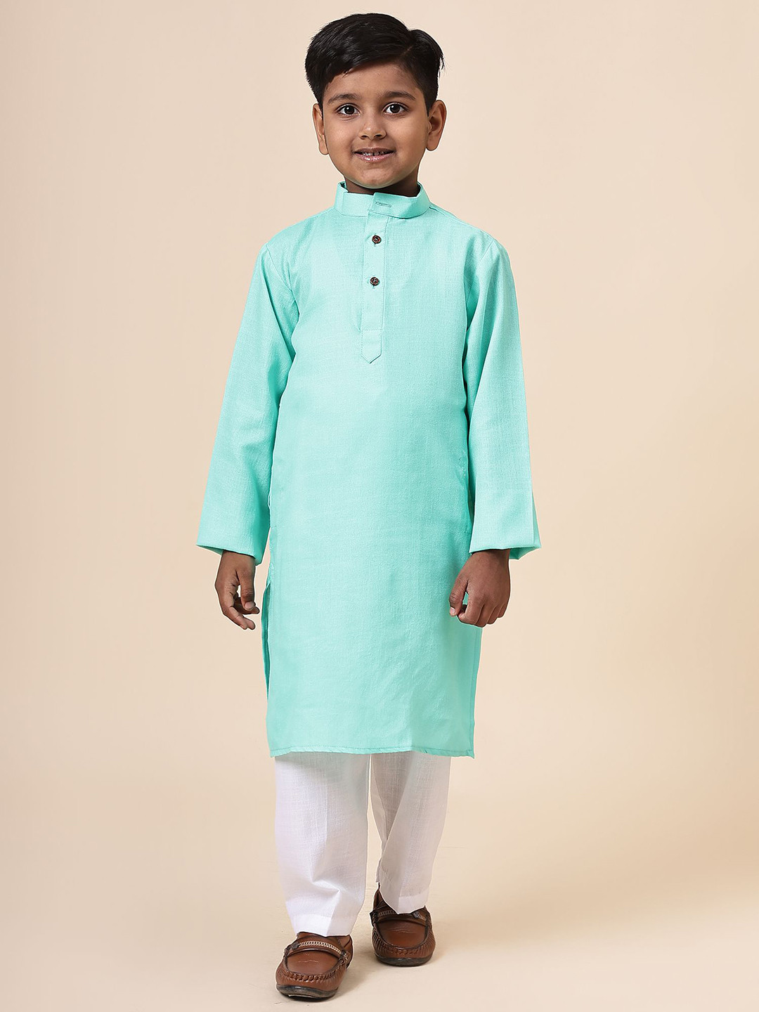 

Anouk Boys Solid Band Collar Knee Length Long Regular Sleeves Straight Kurta, Turquoise blue