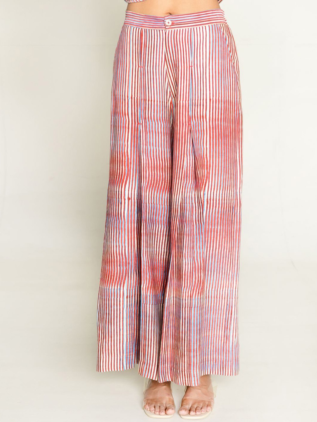 

Rias Jaipur Women Striped Loose Fit High-Rise Trousers, Pink
