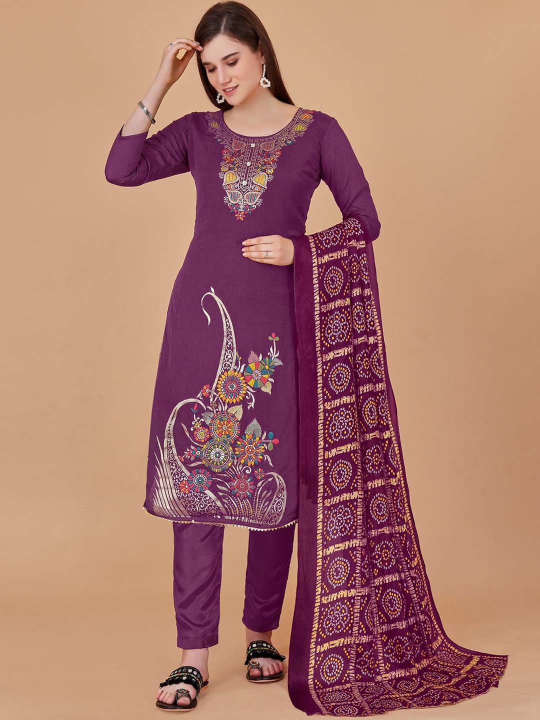 

Aika Ethnic Motifs Embroidered Zari Work Unstitched Dress Material, Peach