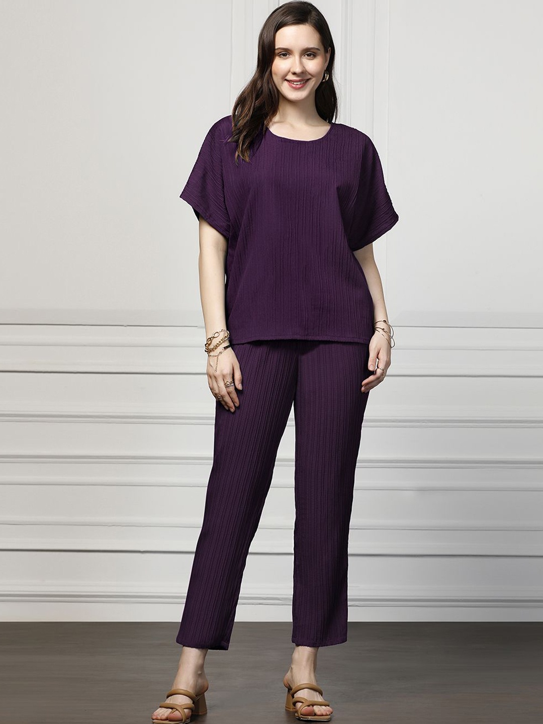 

OMPAX Round Neck Top With Trousers, Purple
