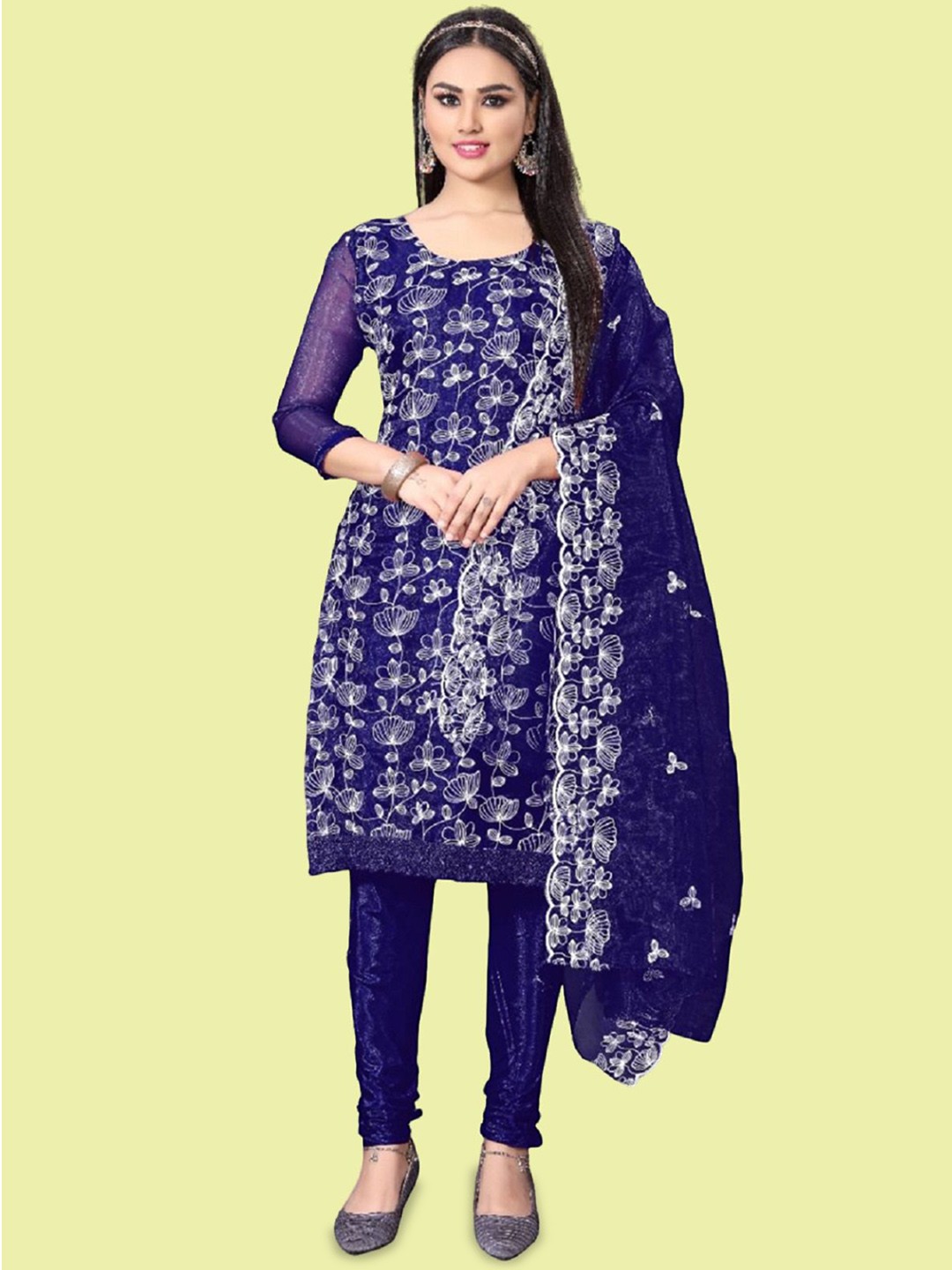

APNISHA Floral Embroidered Organza Unstitched Dress Material, Navy blue