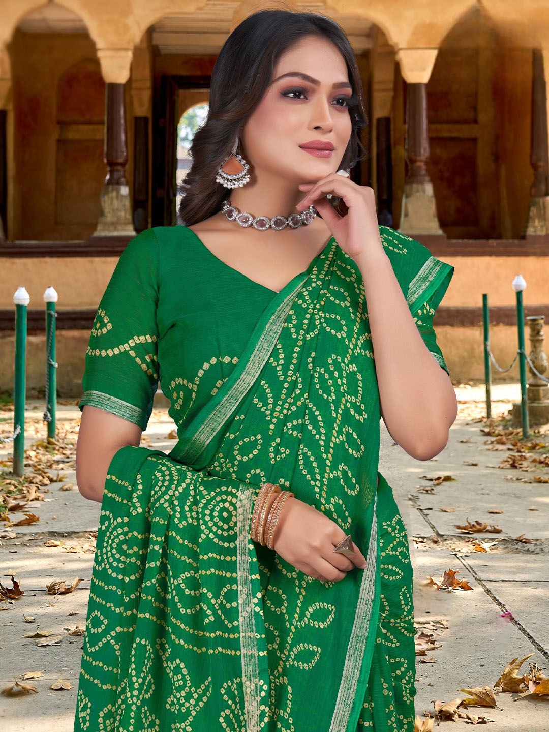 

Kalista Bandhani Pure Chiffon Saree, Green