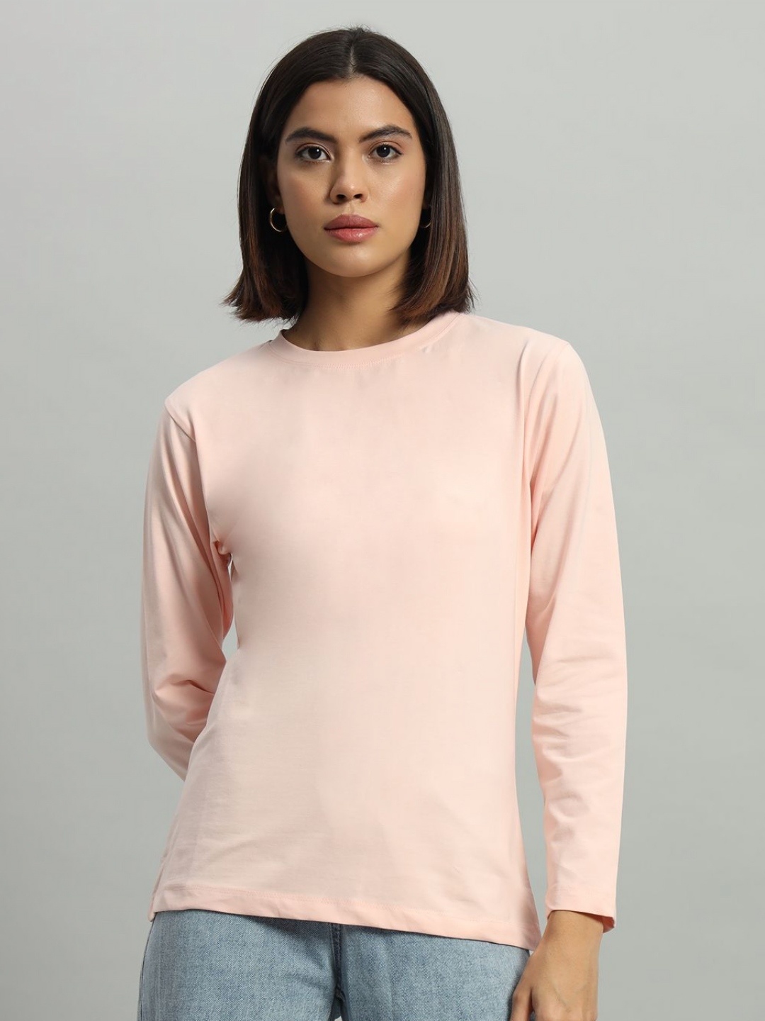 

AECK Women Solid Round Neck Cotton T-Shirt, Peach