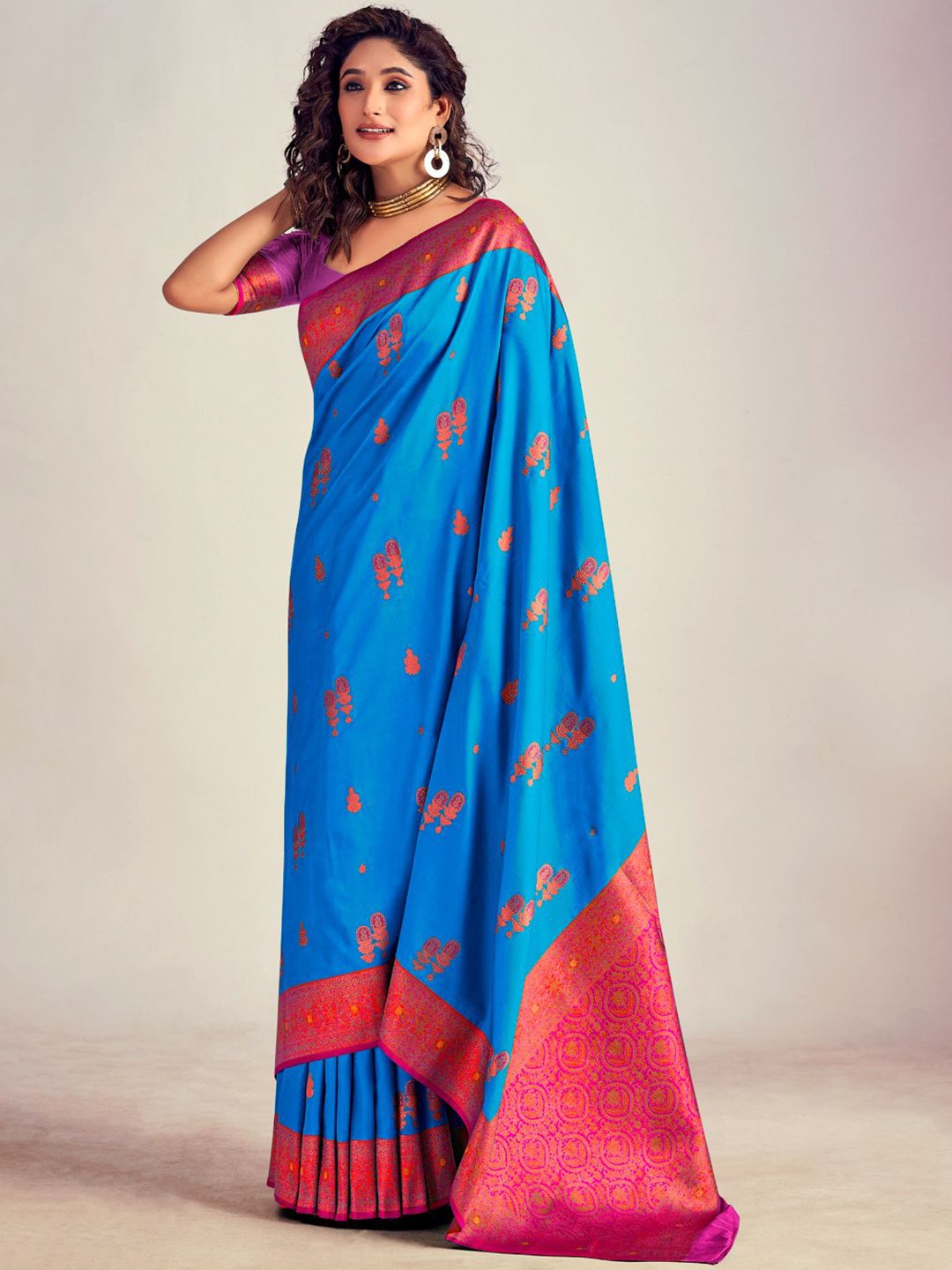 

NK Textiles Ethnic Motifs Zari Banarasi Saree, Turquoise blue