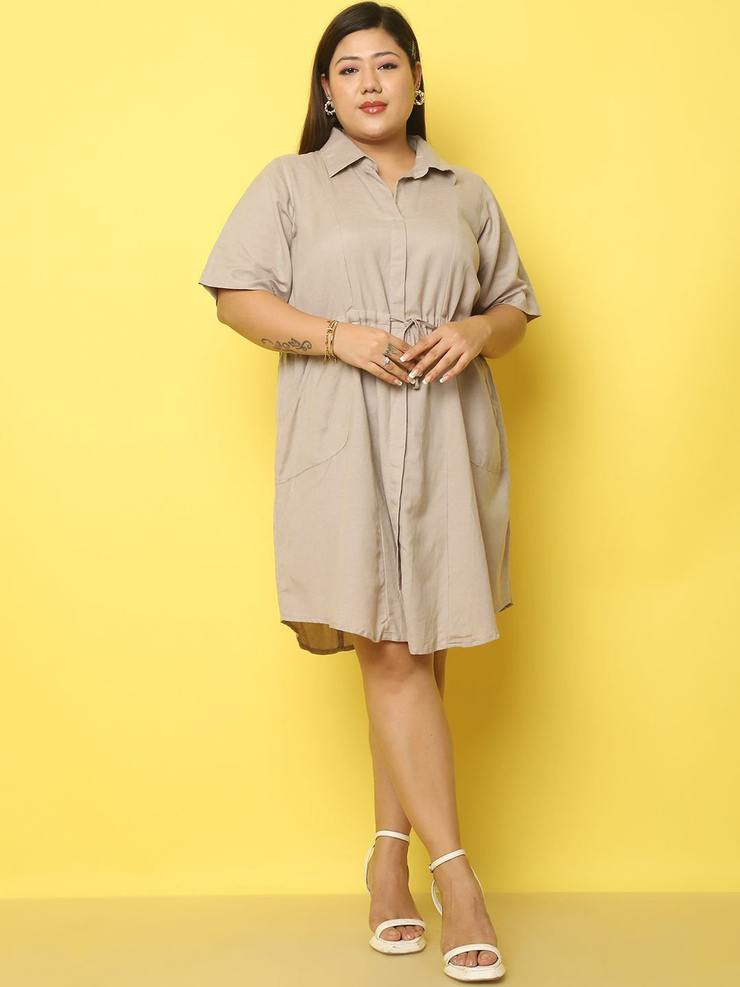

theRebelinme Linen Fit and Flare Midi Dress, Beige