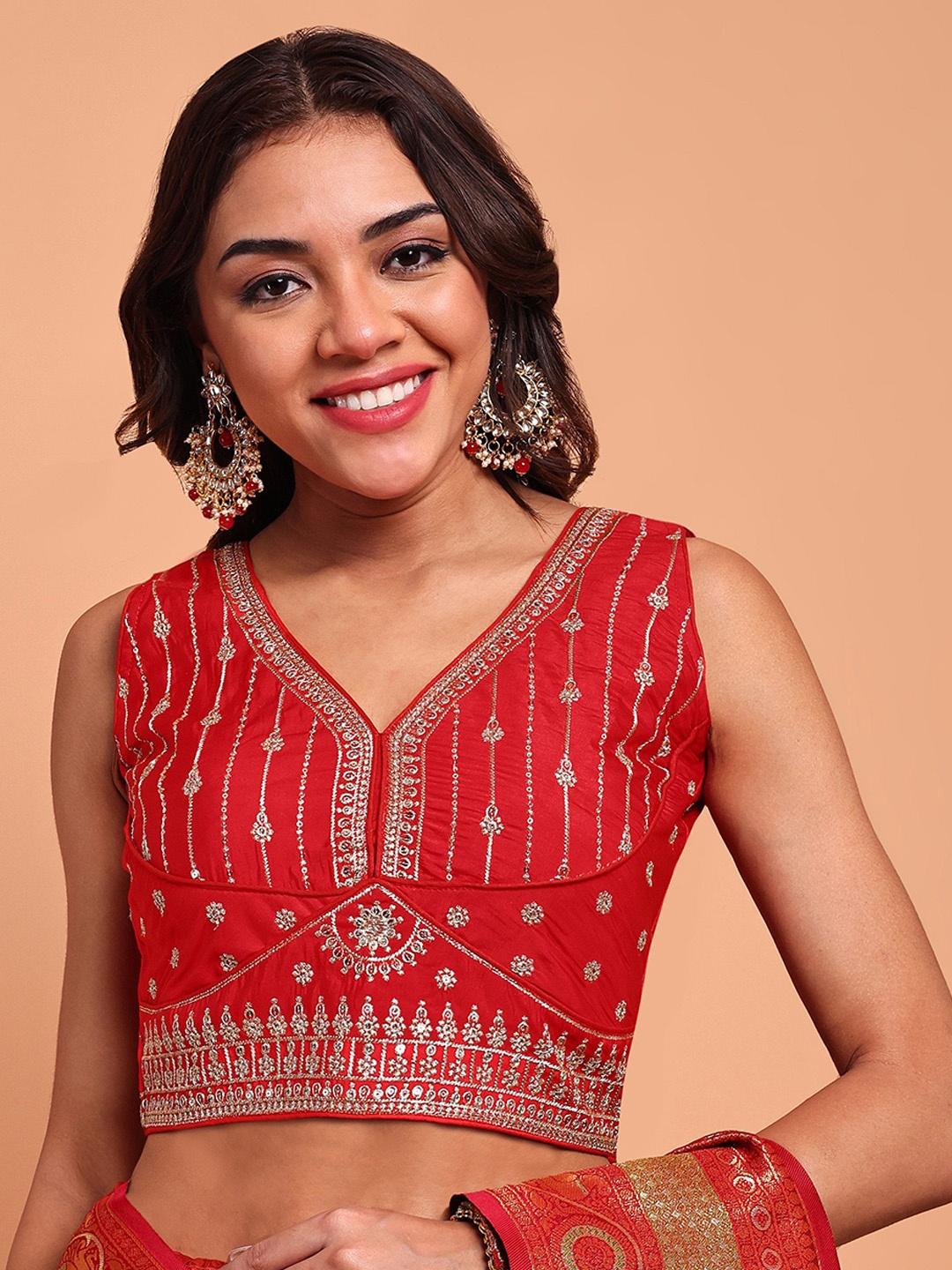 

Globon Impex Embellished Sequined Embroidered blouse, Red