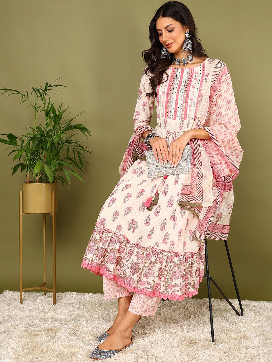 

KALINI Floral Printed Mirror Work Pure Cotton Anarkali Kurta With Trousers & Dupatta, Cream