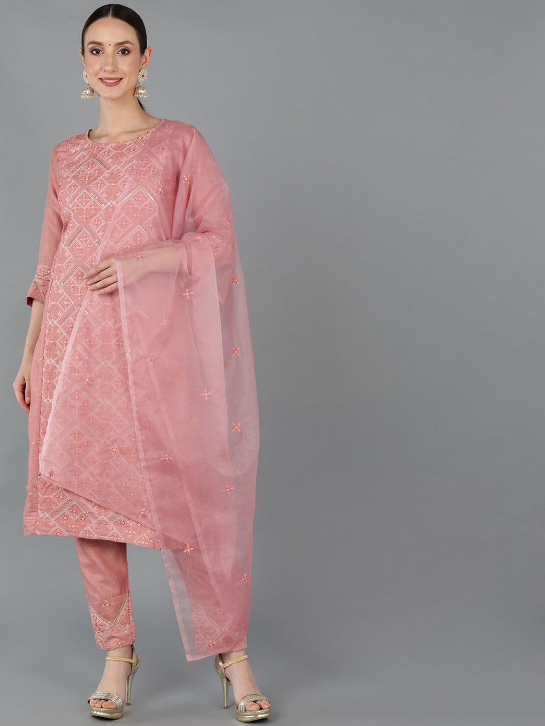 

KALINI Floral Embroidered Sequinned Straight Kurta & Trousers With Dupatta, Pink