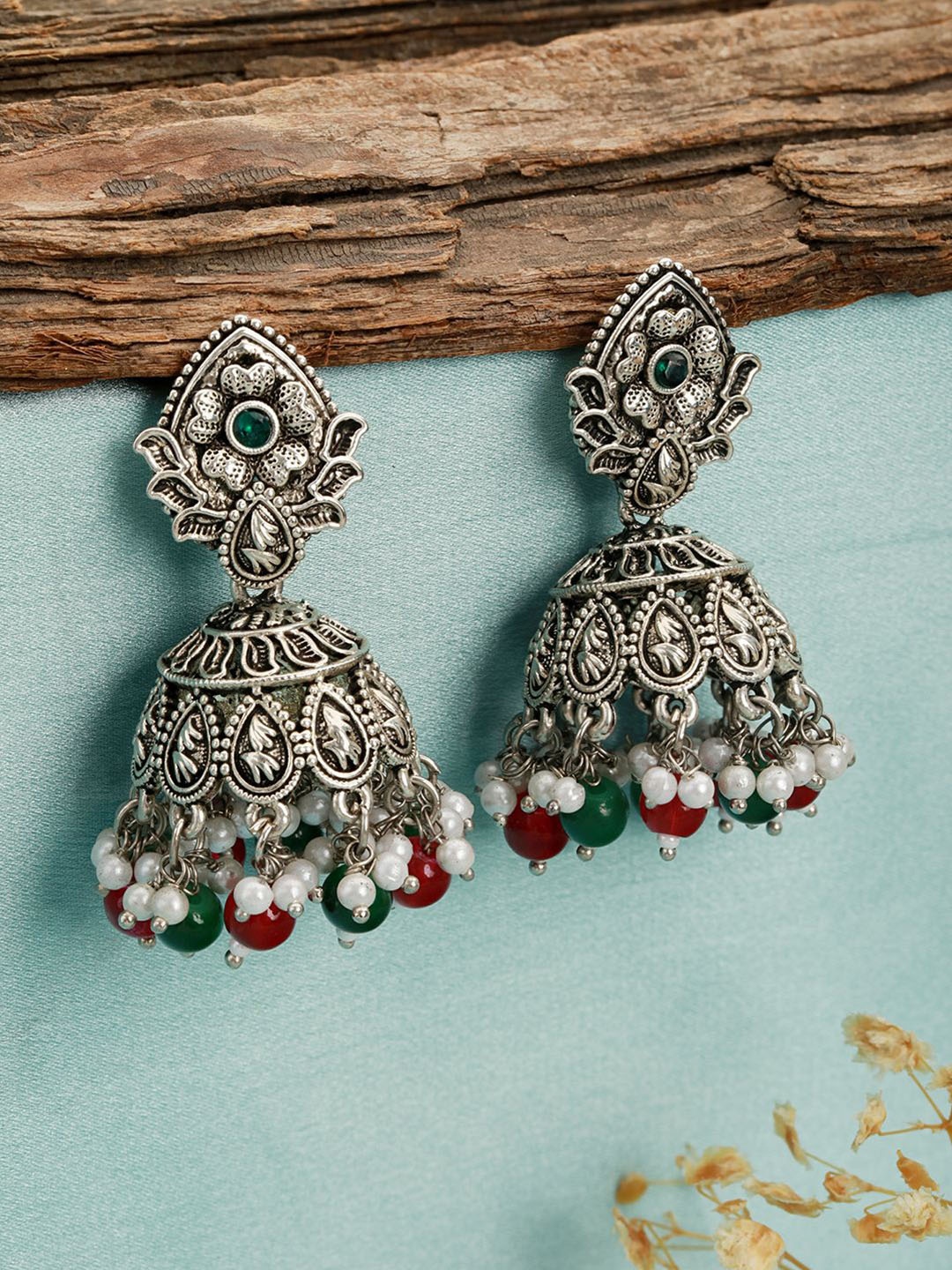 

Jazz and Sizzle Silver Plated Dome Shaped Pearl Studded Jhumkas