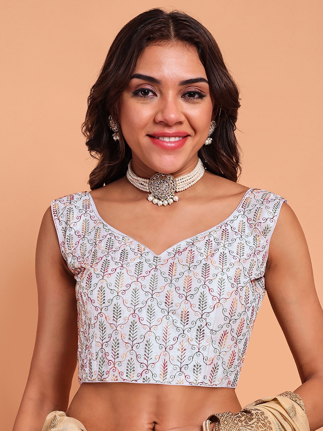 

Globon Impex Sweetheart Neck Embellished Sequinned Saree Blouse, White