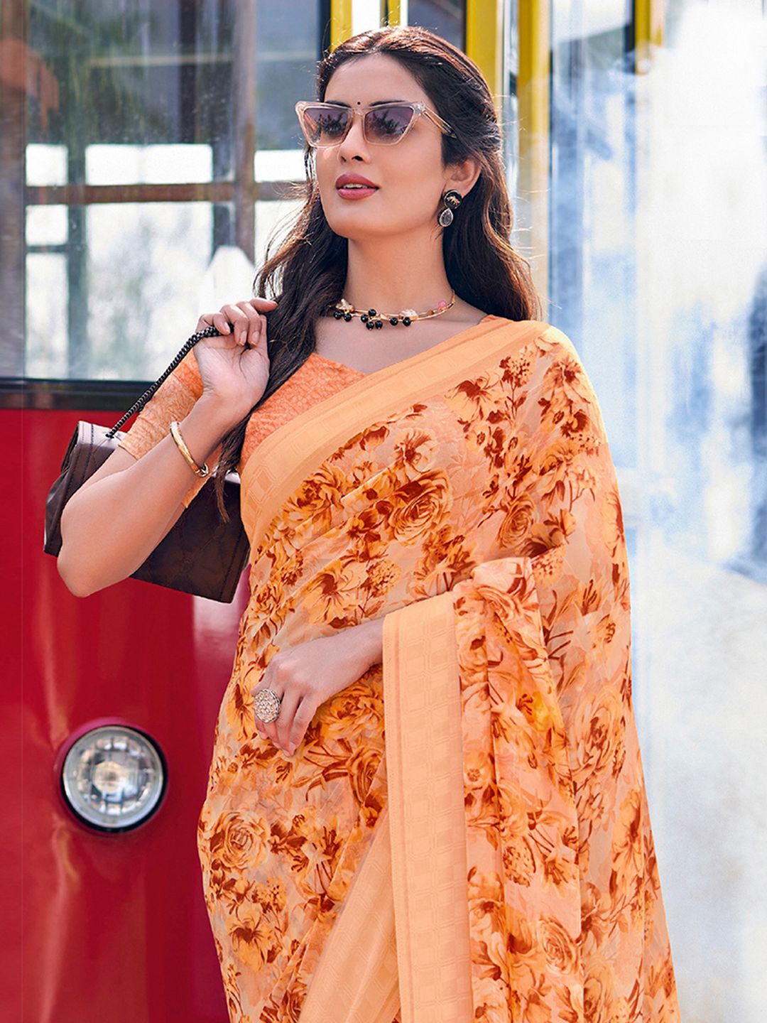 

Satrani Floral Pure Georgette Muga Saree, Orange