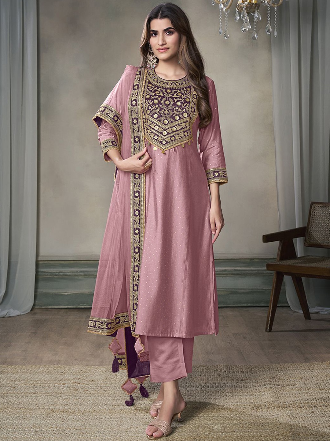 

Inddus Floral Embroidered Sequinned Straight Kurta with Trousers & Dupatta, Pink