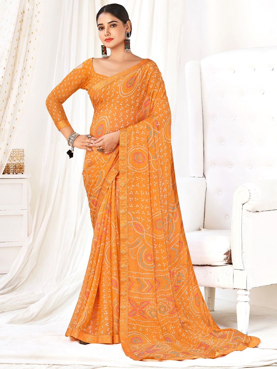 

Panzora Bandhani Poly Chiffon Saree, Orange